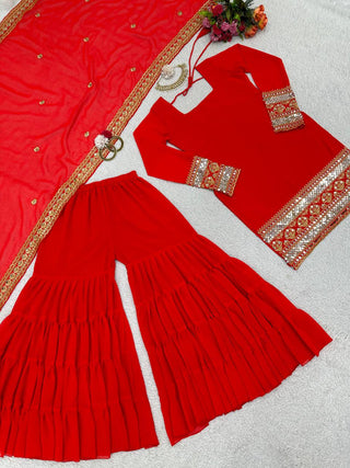 Red Stunning Faux Georgette Sharara Set – A Perfect Festive Ensemble ClothsVilla