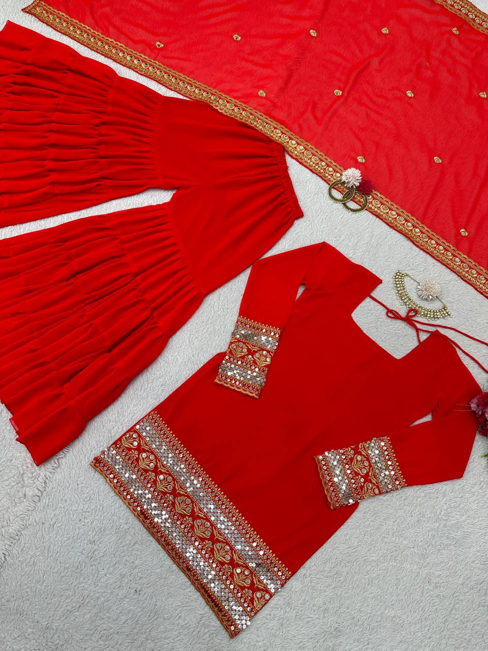 Red Stunning Faux Georgette Sharara Set – A Perfect Festive Ensemble ClothsVilla