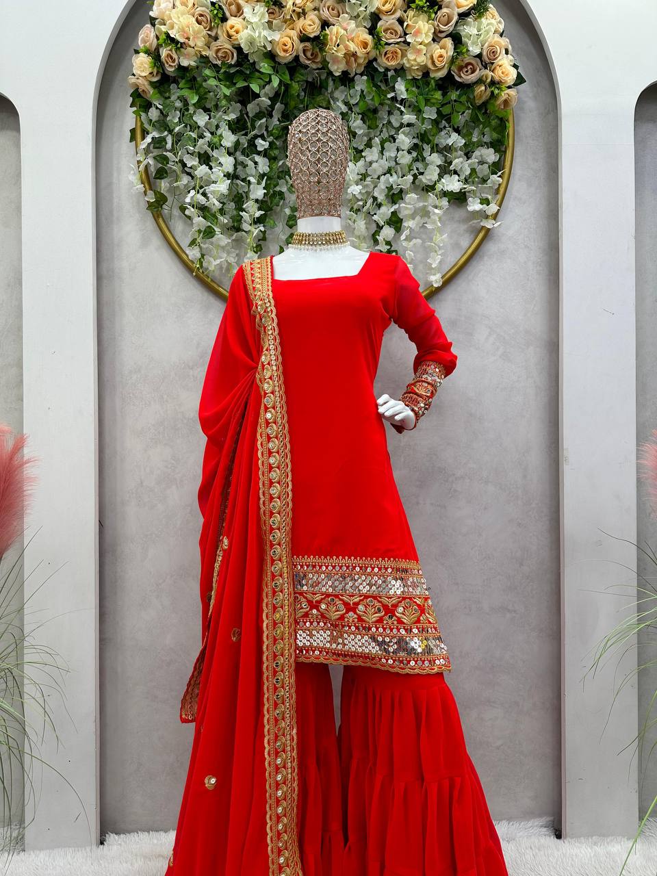 Red Stunning Faux Georgette Sharara Set – A Perfect Festive Ensemble ClothsVilla