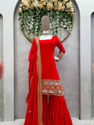 Red Stunning Faux Georgette Sharara Set – A Perfect Festive Ensemble ClothsVilla