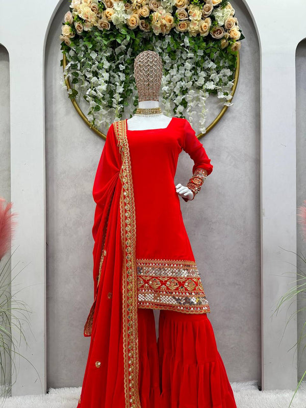 Red Stunning Faux Georgette Sharara Set – A Perfect Festive Ensemble ClothsVilla