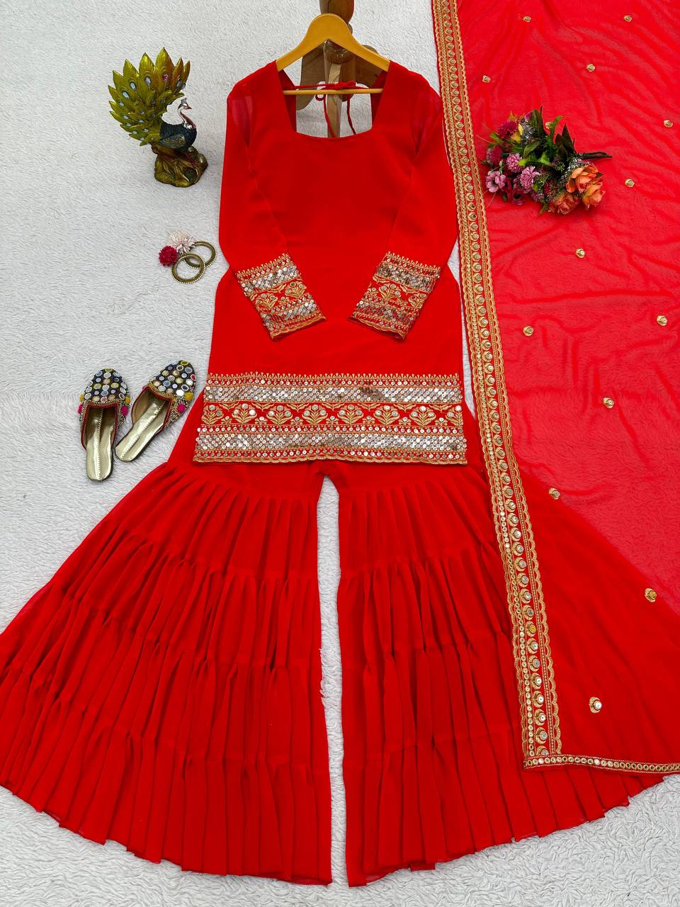 Red Stunning Faux Georgette Sharara Set – A Perfect Festive Ensemble ClothsVilla
