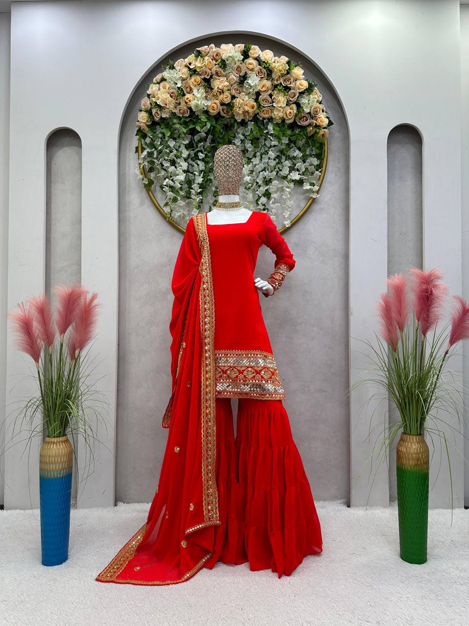 Red Stunning Faux Georgette Sharara Set – A Perfect Festive Ensemble ClothsVilla