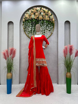 Red Stunning Faux Georgette Sharara Set – A Perfect Festive Ensemble ClothsVilla