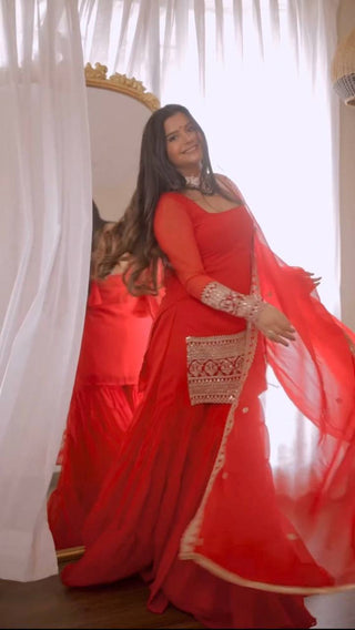 Red Stunning Faux Georgette Sharara Set – A Perfect Festive Ensemble ClothsVilla