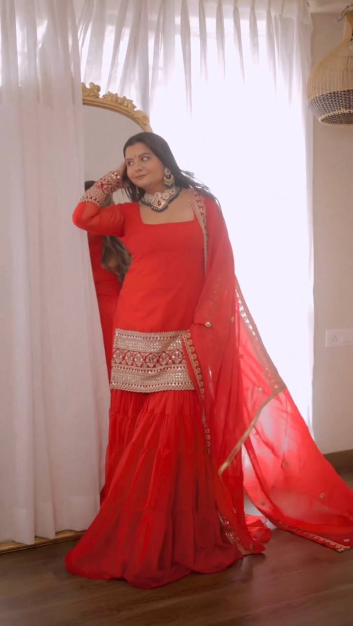 Red Stunning Faux Georgette Sharara Set – A Perfect Festive Ensemble ClothsVilla