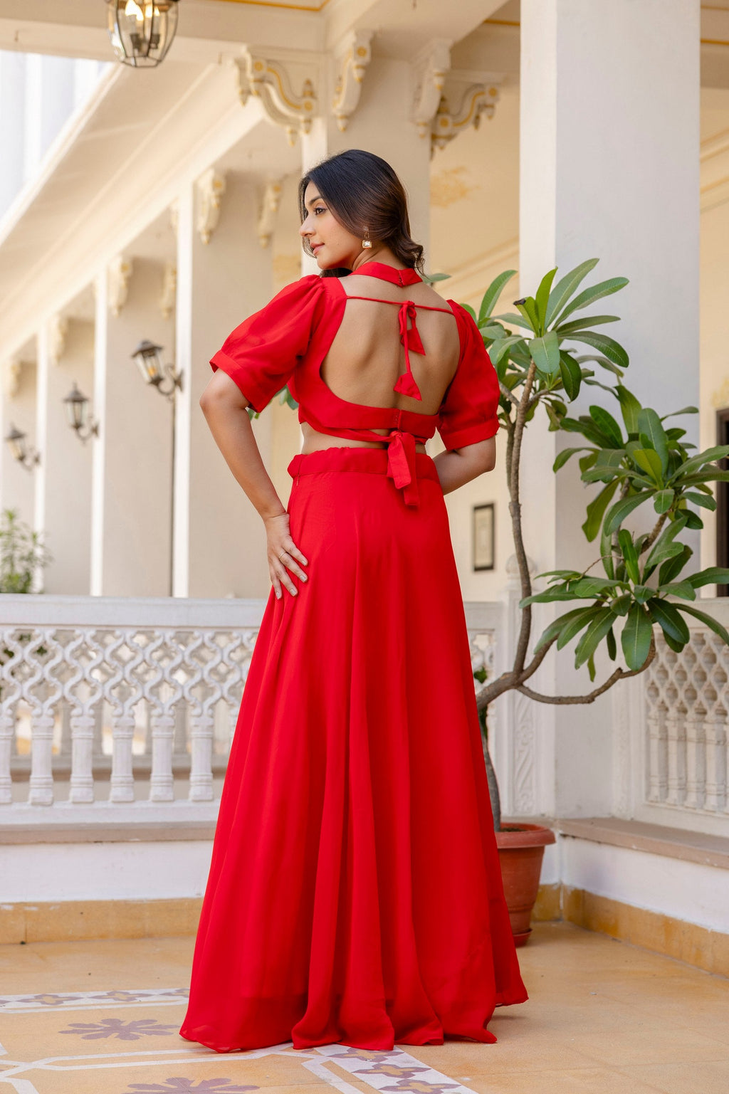 Red Stylish Plain Georgette Lehenga Set with Fancy Neck & Back Design Blouse ClothsVilla