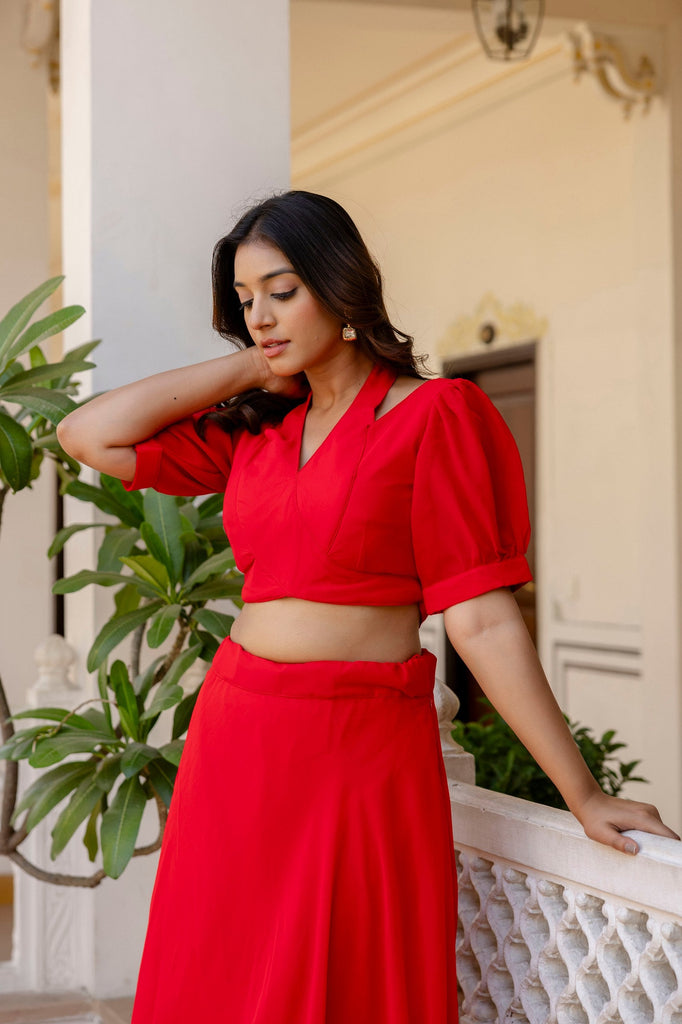 Red Stylish Plain Georgette Lehenga Set with Fancy Neck & Back Design Blouse ClothsVilla