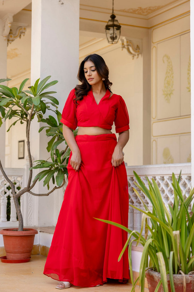 Red Stylish Plain Georgette Lehenga Set with Fancy Neck & Back Design Blouse ClothsVilla
