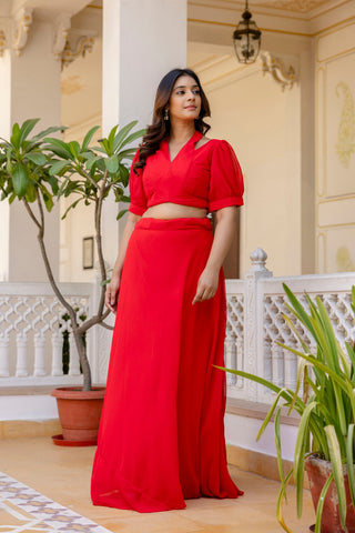 Red Stylish Plain Georgette Lehenga Set with Fancy Neck & Back Design Blouse ClothsVilla