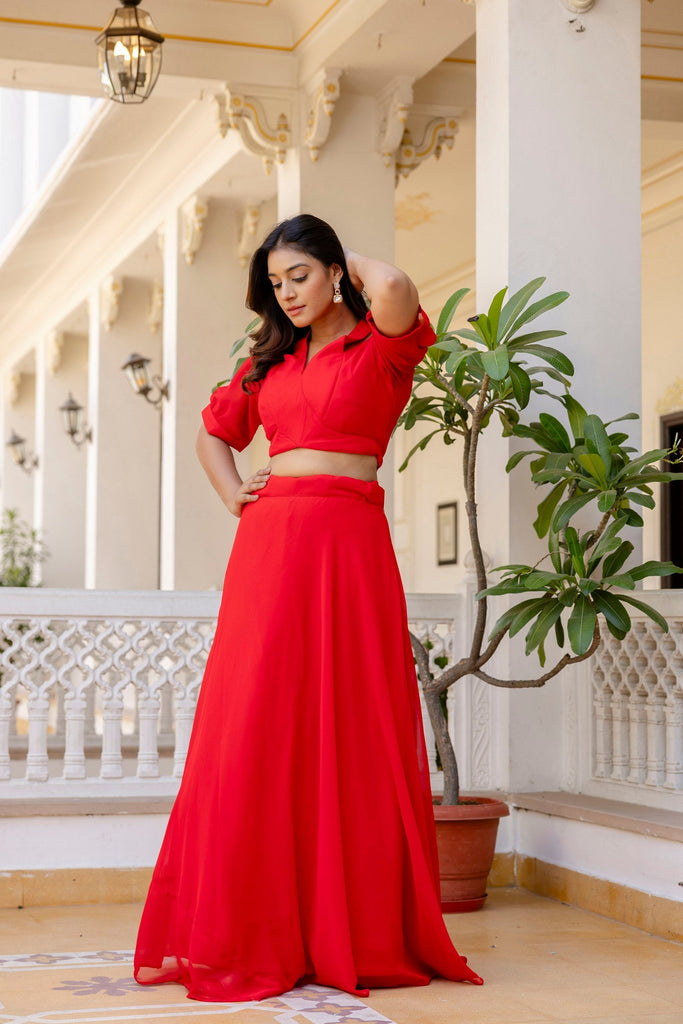 Red Stylish Plain Georgette Lehenga Set with Fancy Neck & Back Design Blouse ClothsVilla