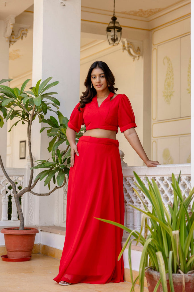 Red Stylish Plain Georgette Lehenga Set with Fancy Neck & Back Design Blouse ClothsVilla
