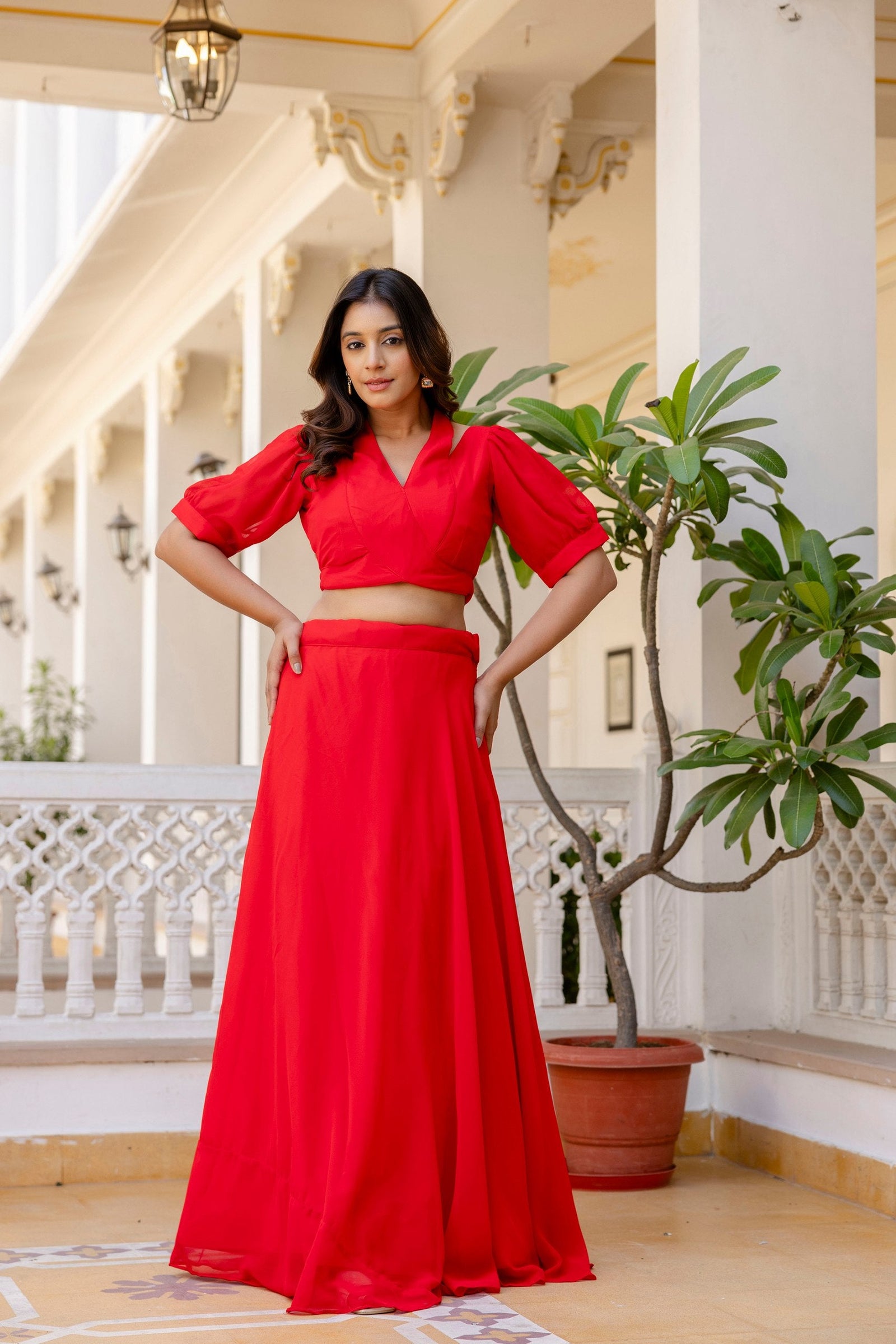 Red Stylish Plain Georgette Lehenga Set with Fancy Neck & Back Design Blouse ClothsVilla
