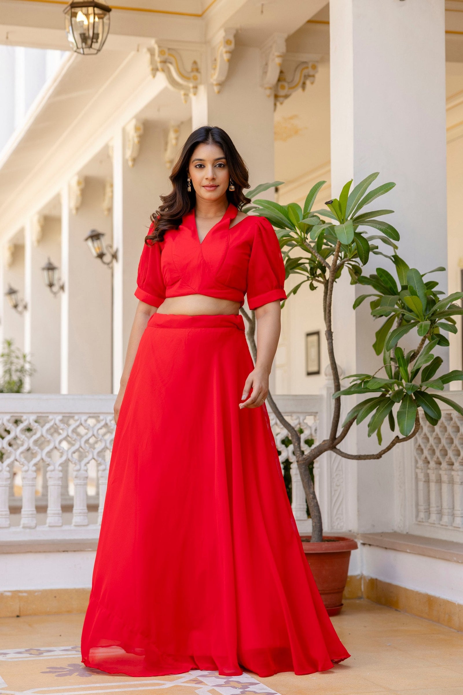 Red Stylish Plain Georgette Lehenga Set with Fancy Neck & Back Design Blouse ClothsVilla