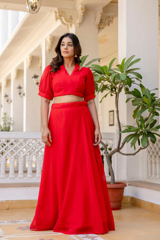 Red Stylish Plain Georgette Lehenga Set with Fancy Neck & Back Design Blouse ClothsVilla