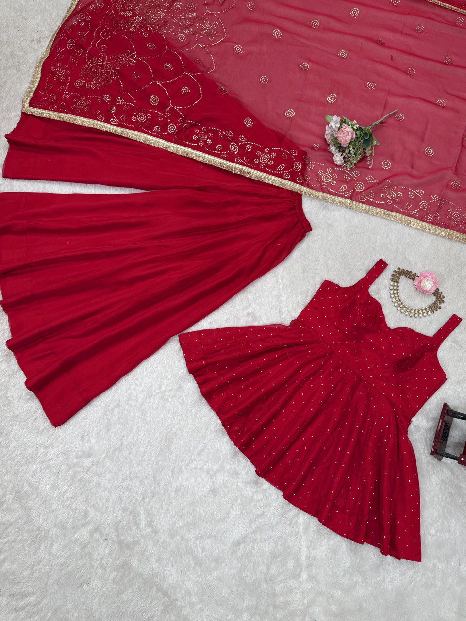 Red Tabby Organza Work Suit Set with Plazo & Dupatta ClothsVilla