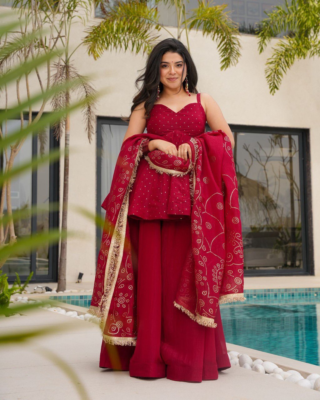 Red Tabby Organza Work Suit Set with Plazo & Dupatta Secondary image