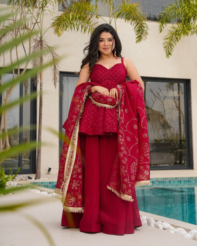Red Tabby Organza Work Suit Set with Plazo & Dupatta ClothsVilla