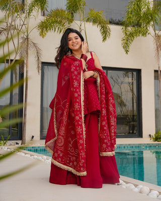 Red Tabby Organza Work Suit Set with Plazo & Dupatta ClothsVilla