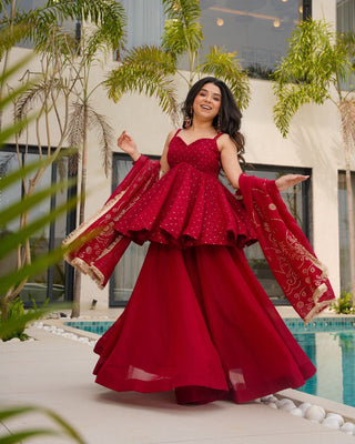 Red Tabby Organza Work Suit Set with Plazo & Dupatta ClothsVilla