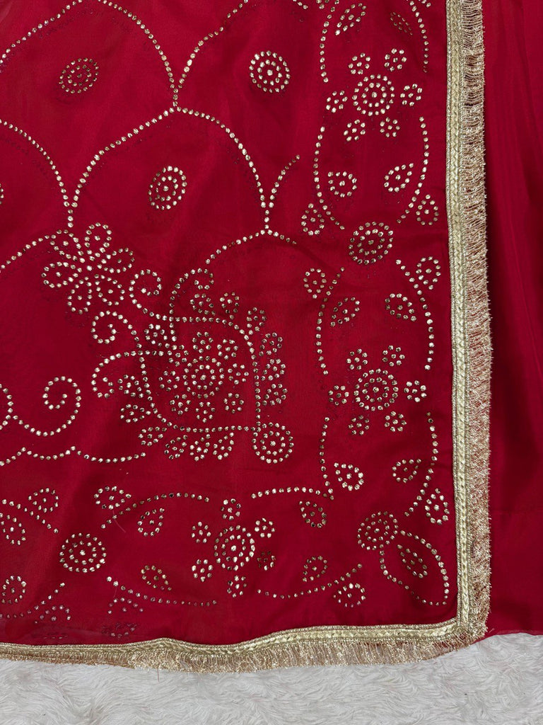 Red Tabby Organza Work Suit Set with Plazo & Dupatta ClothsVilla