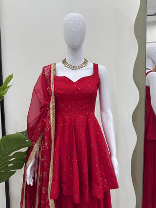 Red Tabby Organza Work Suit Set with Plazo & Dupatta ClothsVilla