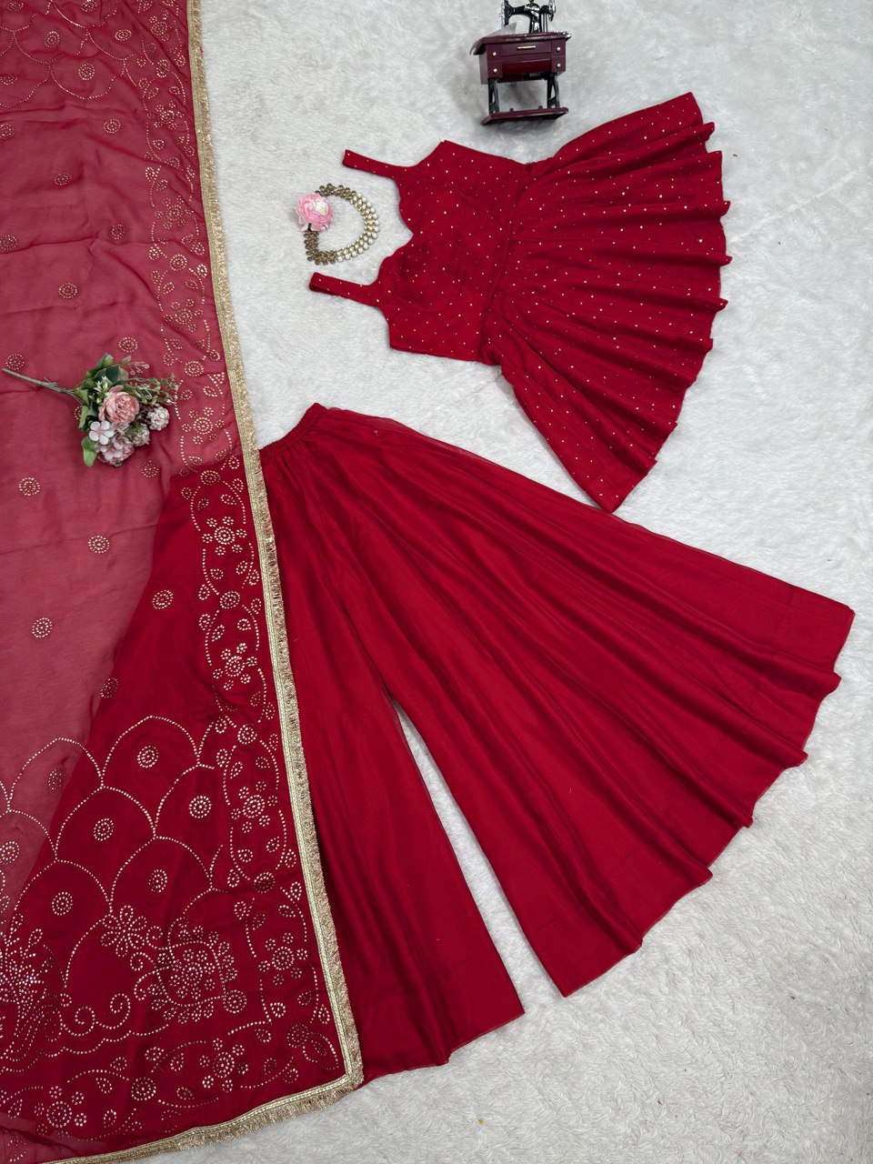 Red Tabby Organza Work Suit Set with Plazo & Dupatta ClothsVilla