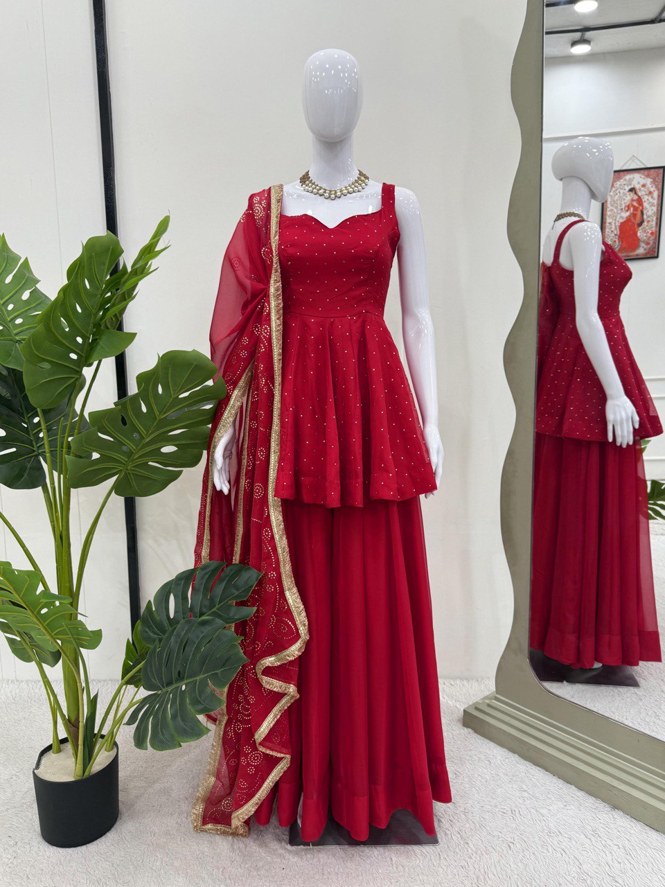 Red Tabby Organza Work Suit Set with Plazo & Dupatta ClothsVilla
