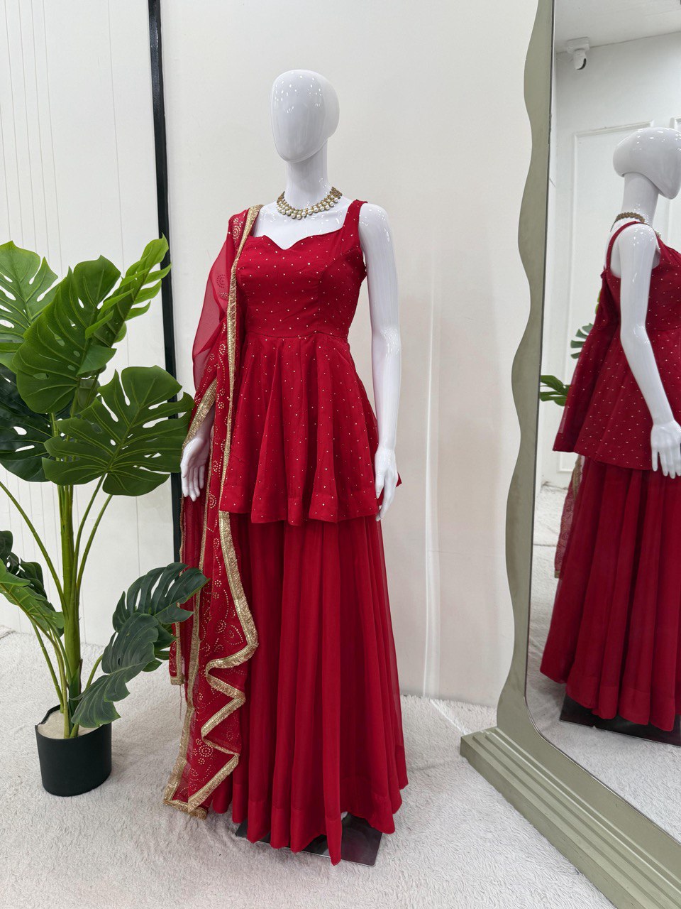Red Tabby Organza Work Suit Set with Plazo & Dupatta ClothsVilla