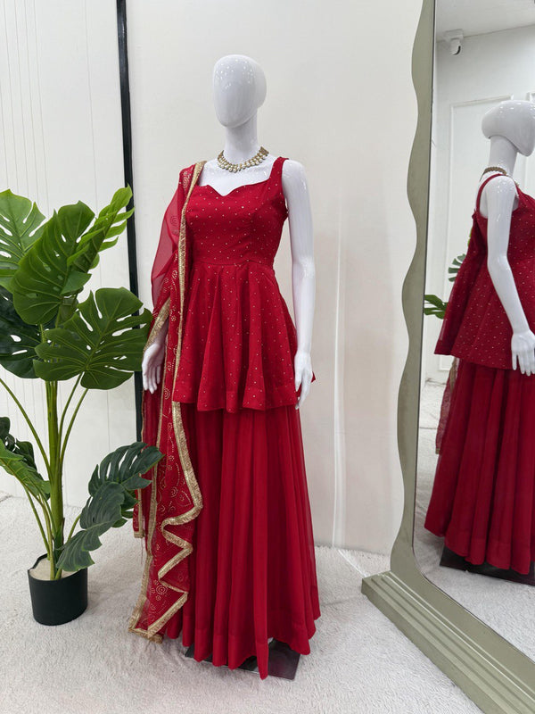 Red Tabby Organza Work Suit Set with Plazo & Dupatta ClothsVilla