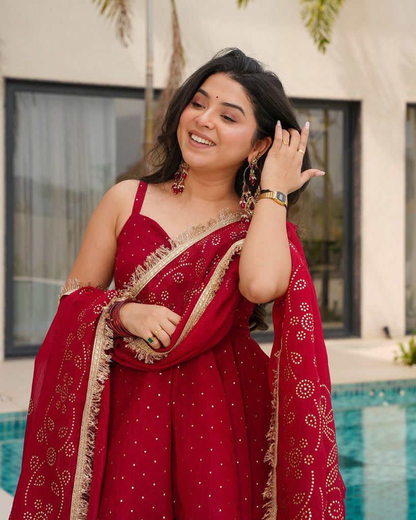 Red Tabby Organza Work Suit Set with Plazo & Dupatta ClothsVilla