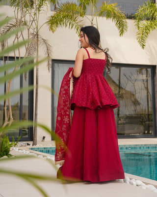 Red Tabby Organza Work Suit Set with Plazo & Dupatta ClothsVilla