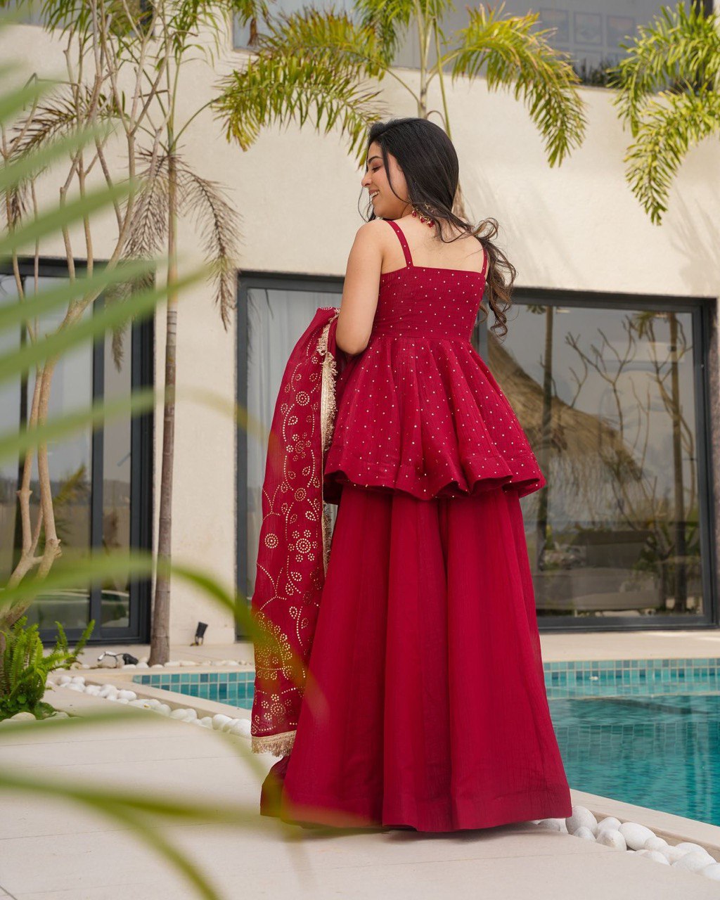 Red Tabby Organza Work Suit Set with Plazo & Dupatta ClothsVilla