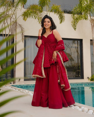 Red Tabby Organza Work Suit Set with Plazo & Dupatta ClothsVilla