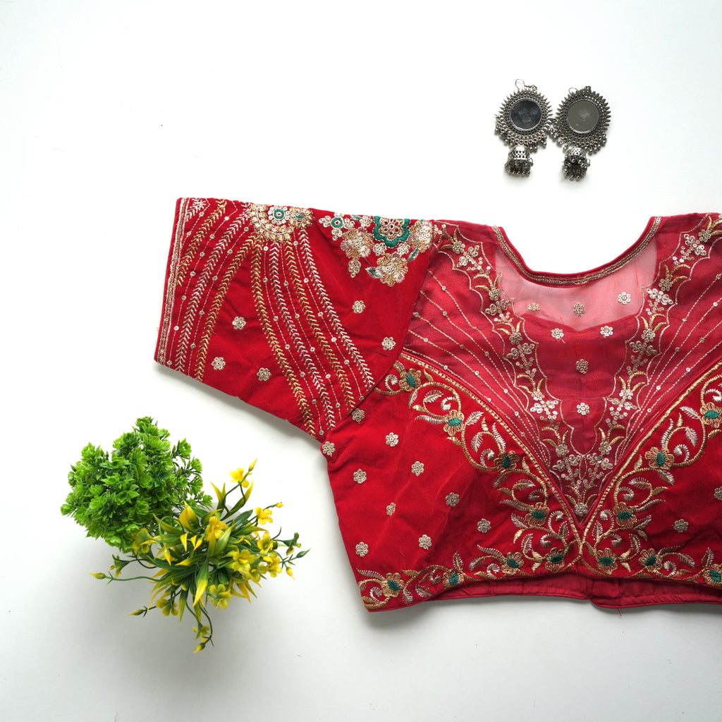 Red Taffeta Silk Blouse with Golden Embroidery and Sequin Touch ClothsVilla