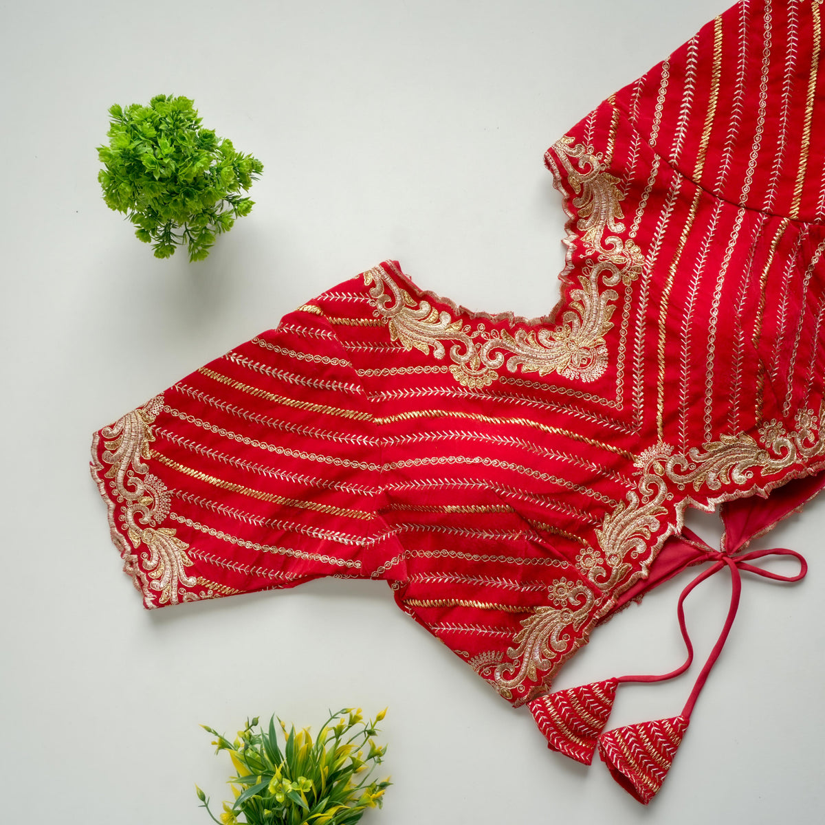 Red Taffeta Silk Blouse with Golden Embroidery and Sequins ClothsVilla.com Main image