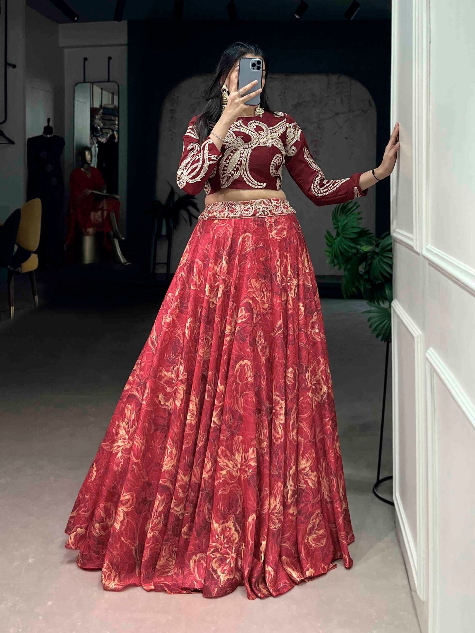 Red Tasar Silk Lehenga & Embroidered Blouse ClothsVilla