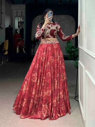 Red Tasar Silk Lehenga & Embroidered Blouse ClothsVilla