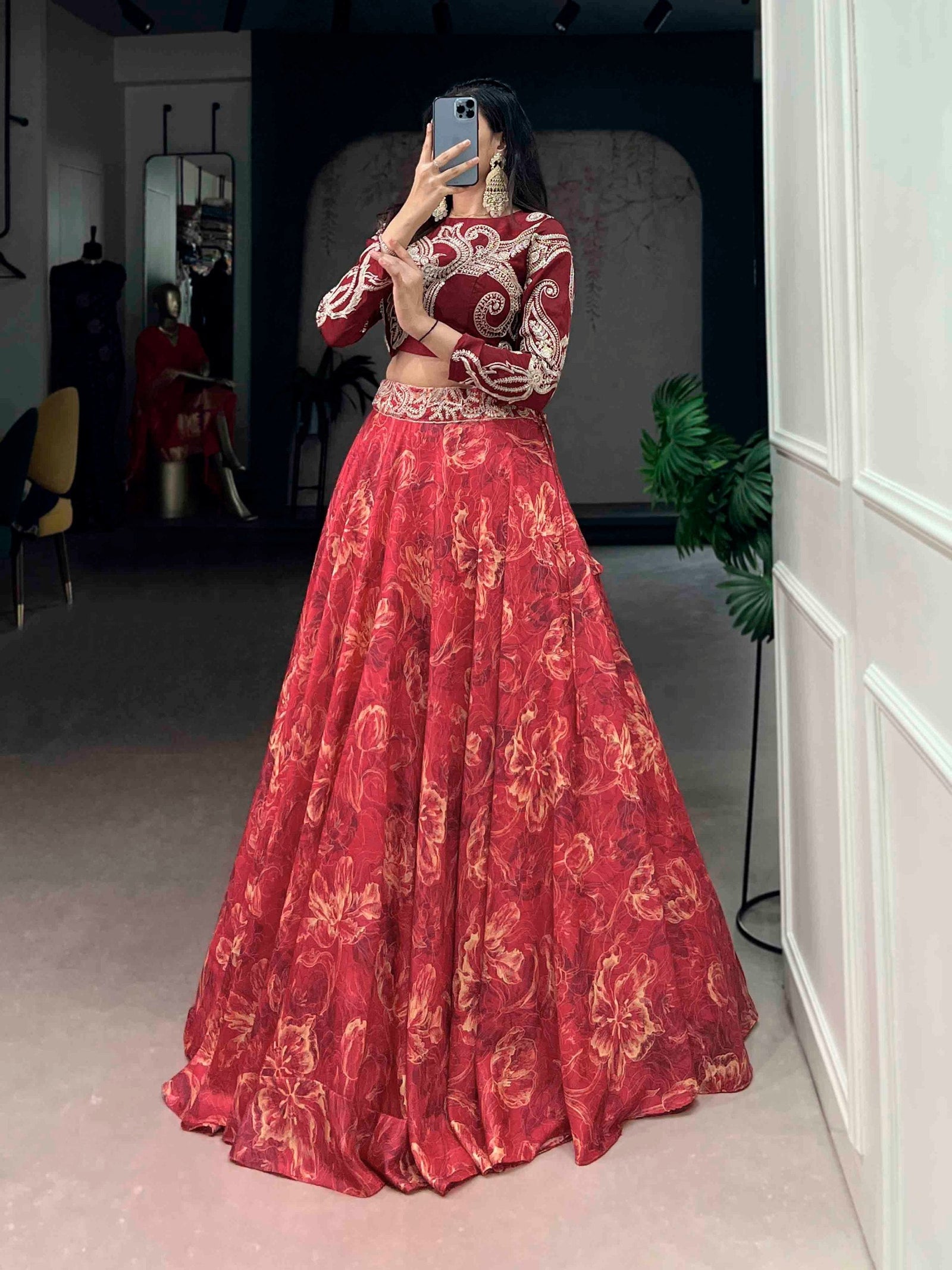 Red Tasar Silk Lehenga & Embroidered Blouse ClothsVilla