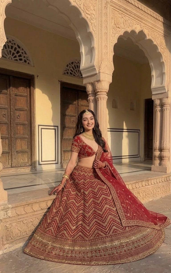Red Thai Silk Bridal Lehenga ClothsVilla