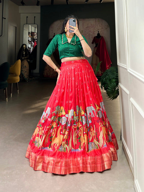 Red Timeless Elegance Dola Silk Kalamkari Lehenga Set Main image