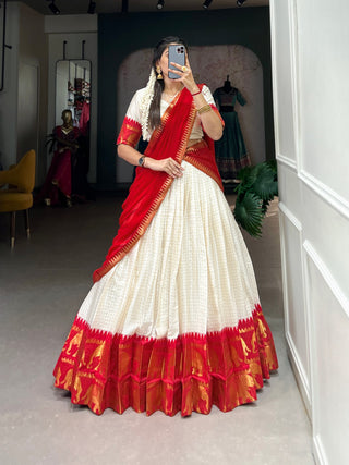 Red Tradition Kalyani Cotton Lehenga Choli with Zari Weaving & Flowing Georgette Dupatta