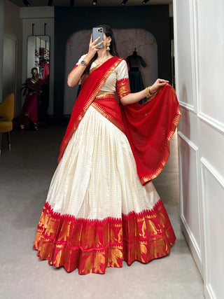Red Tradition Kalyani Cotton Lehenga Choli with Zari Weaving & Flowing Georgette Dupatta