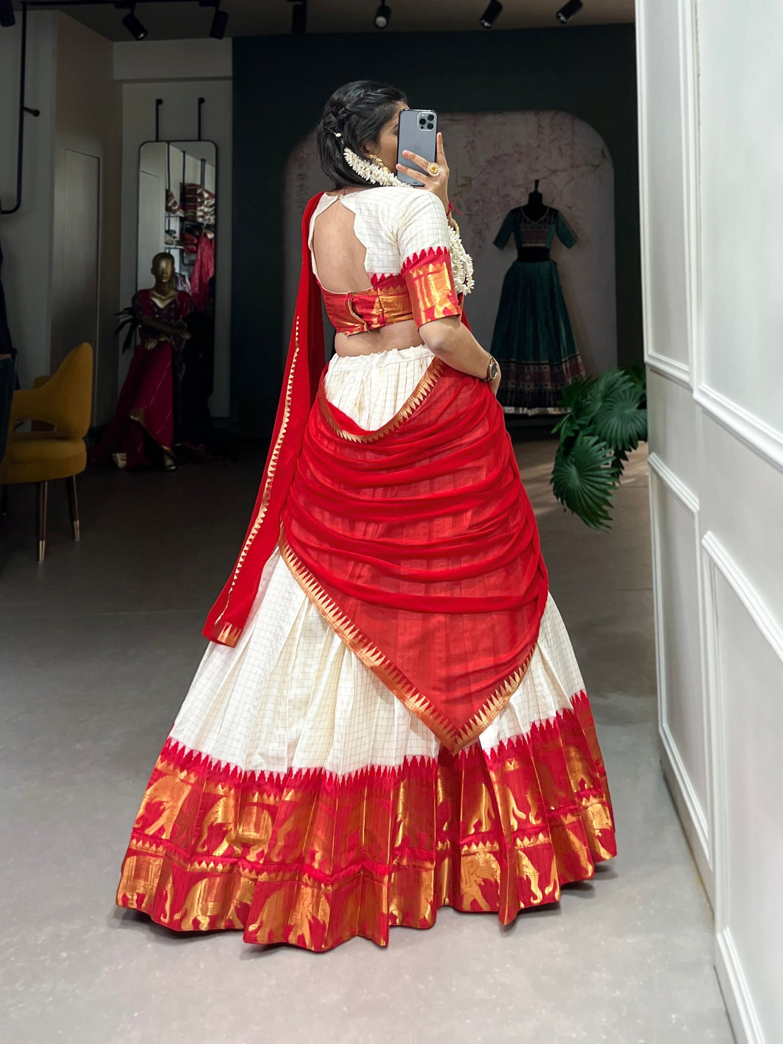 Red Tradition Kalyani Cotton Lehenga Choli with Zari Weaving & Flowing Georgette Dupatta