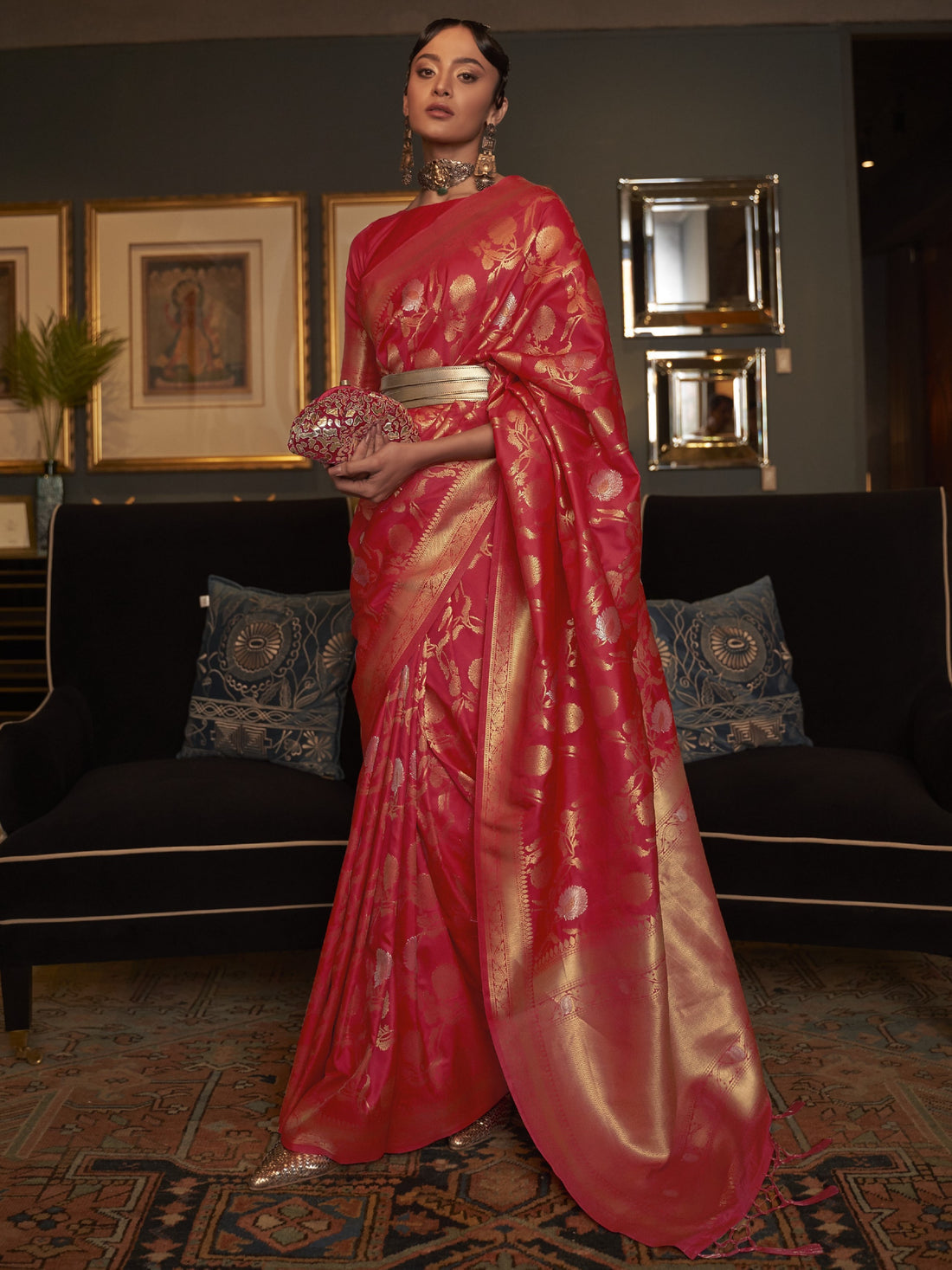 Red Trendy Cotton Silk Jacquard Saree with Zari Woven Border ClothsVilla Main image