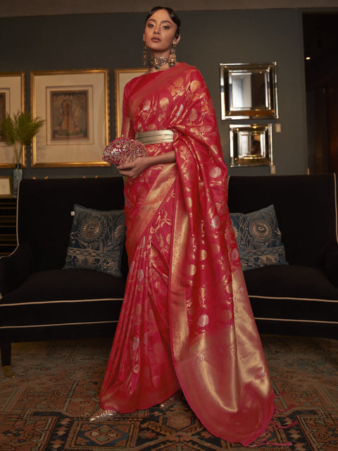 Red Trendy Cotton Silk Jacquard Saree with Zari Woven Border ClothsVilla Main image