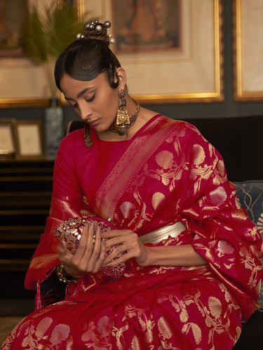 Red Trendy Cotton Silk Jacquard Saree with Zari Woven Border ClothsVilla