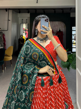 Red Tussar Silk Lehenga Choli with Leheriya Print, Patola Border & Bandhani Dupatta ClothsVilla