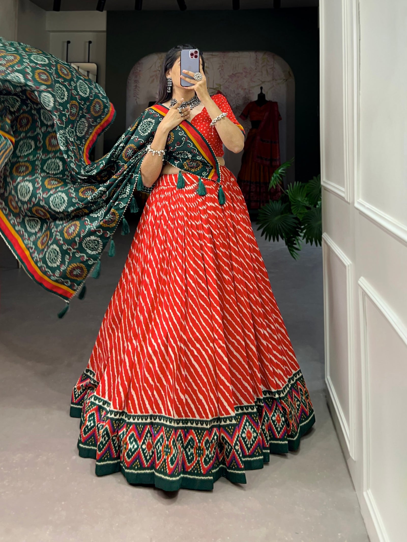 Red Tussar Silk Lehenga Choli with Leheriya Print, Patola Border & Bandhani Dupatta ClothsVilla
