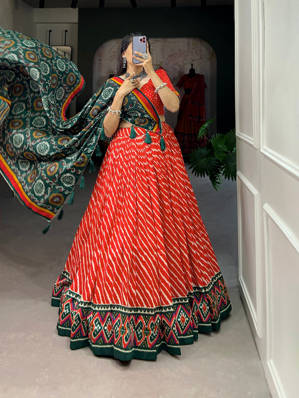 Red Tussar Silk Lehenga Choli with Leheriya Print, Patola Border & Bandhani Dupatta ClothsVilla